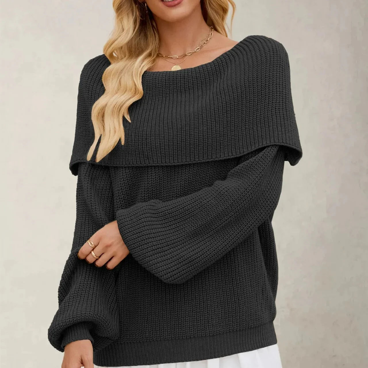 Women's Knit Sweater with Overlapping Collar and Wide Sleeves