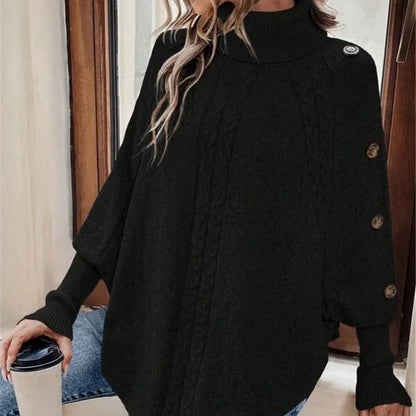 Women's Poncho with Turtleneck, Textured Knit, and Button Sleeves