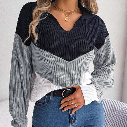 Damen-Strickpullover mit V-Ausschnitt und Colour-Block-Design