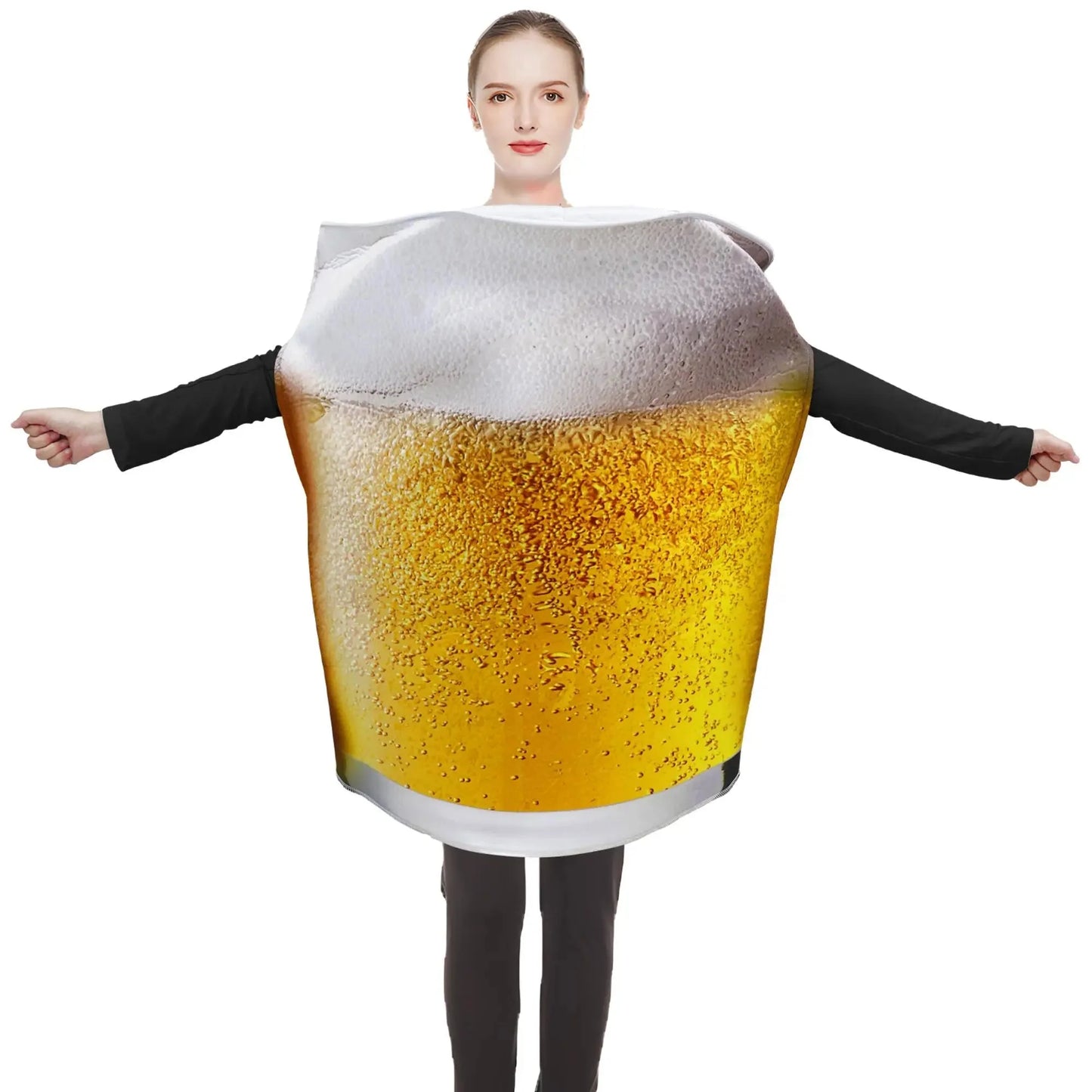 Frau im Bierkostüm mit Schaumkrone, lustiges Karnevalskostüm, originelle Verkleidung, Party-Outfit, humorvolle Verkleidungsidee für Fasching.