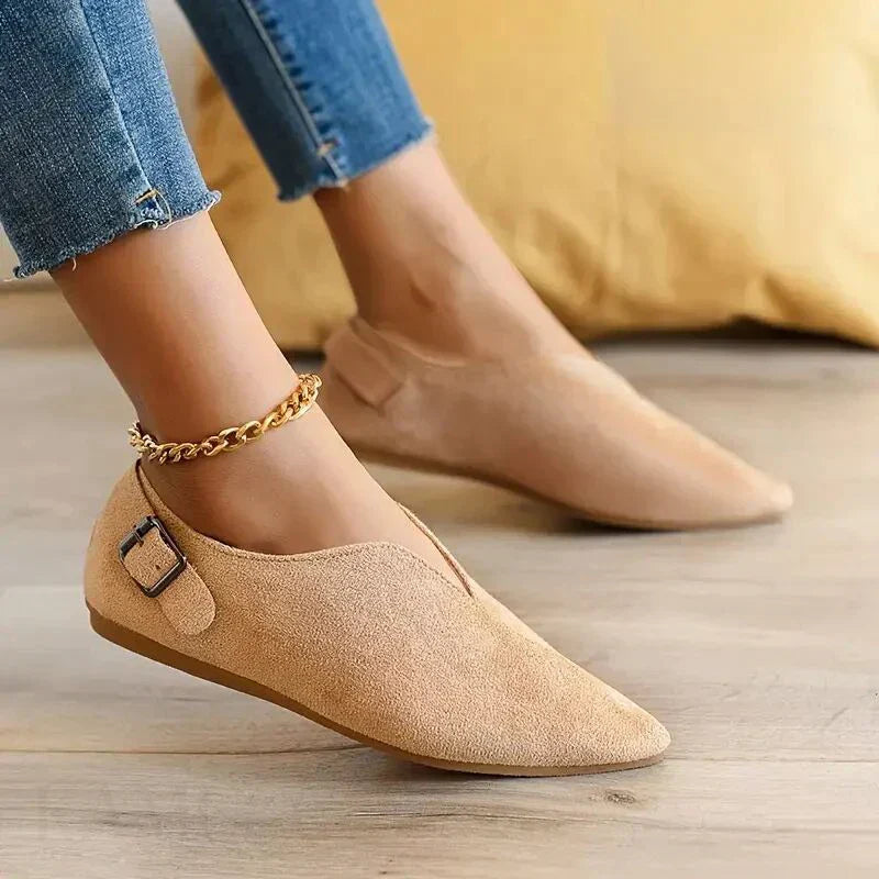 Women's Pointed Ballerinas with Buckle Accent and Slip-On