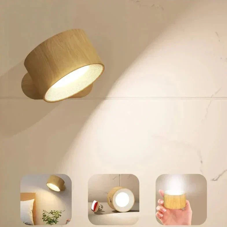 Moderne LED-Wandleuchte aus Holz, minimalistisch, energiesparend, warmweißes Licht, ideal für Schlafzimmer oder Wohnzimmer, skandinavisches Design.