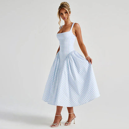Damen Maxikleid mit Karomuster – Verstellbare Träger A Linie