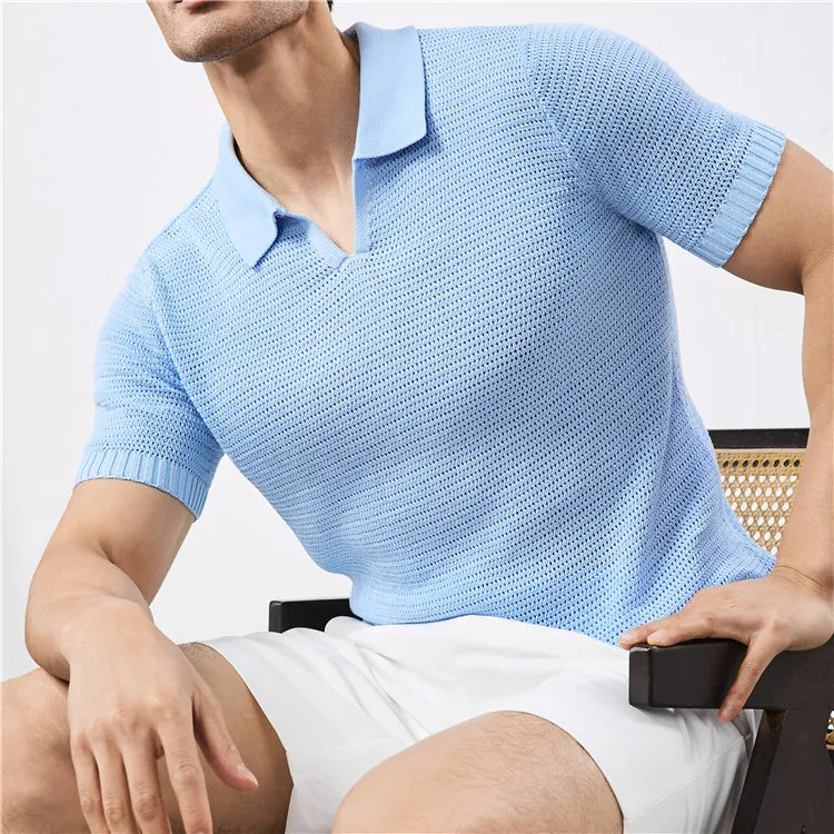 Men's Summer Knitted Polo Shirt with V-Neck, Elastic Waistband, and Breathable Fabric