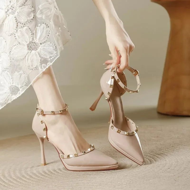 Women's Lace Stiletto Pumps with Double Straps and Studs