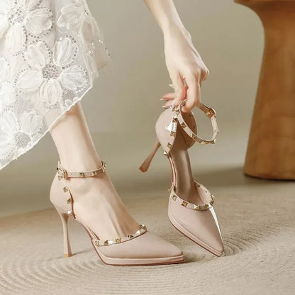 Women's Lace Stiletto Pumps with Double Straps and Studs