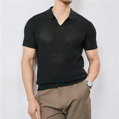 Men's Summer Knitted Polo Shirt with V-Neck, Elastic Waistband, and Breathable Fabric