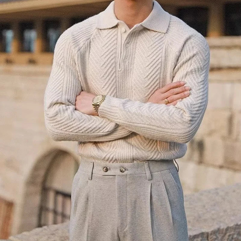 Men's Autumn Knit Sweater with Textured Collar Look