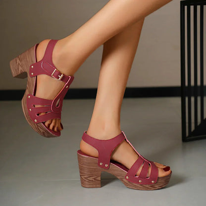 Damen-Sommersandalen Mit Plateau, Blockabsatz, Cut-Out Und Verstellbarem Knöchelriemen