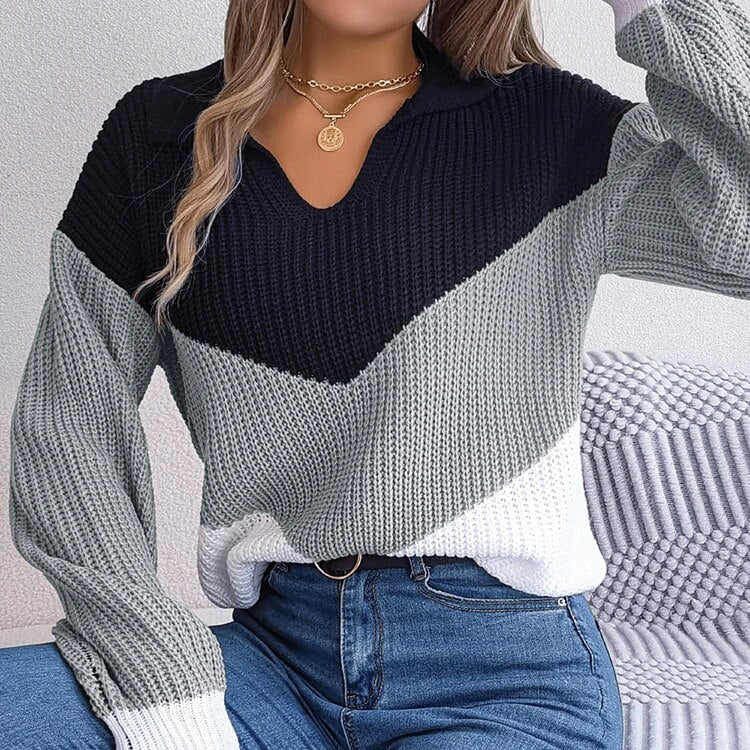 Damen-Strickpullover mit V-Ausschnitt und Colour-Block-Design