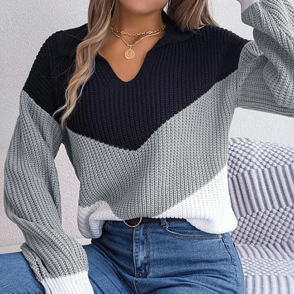 Damen-Strickpullover mit V-Ausschnitt und Colour-Block-Design