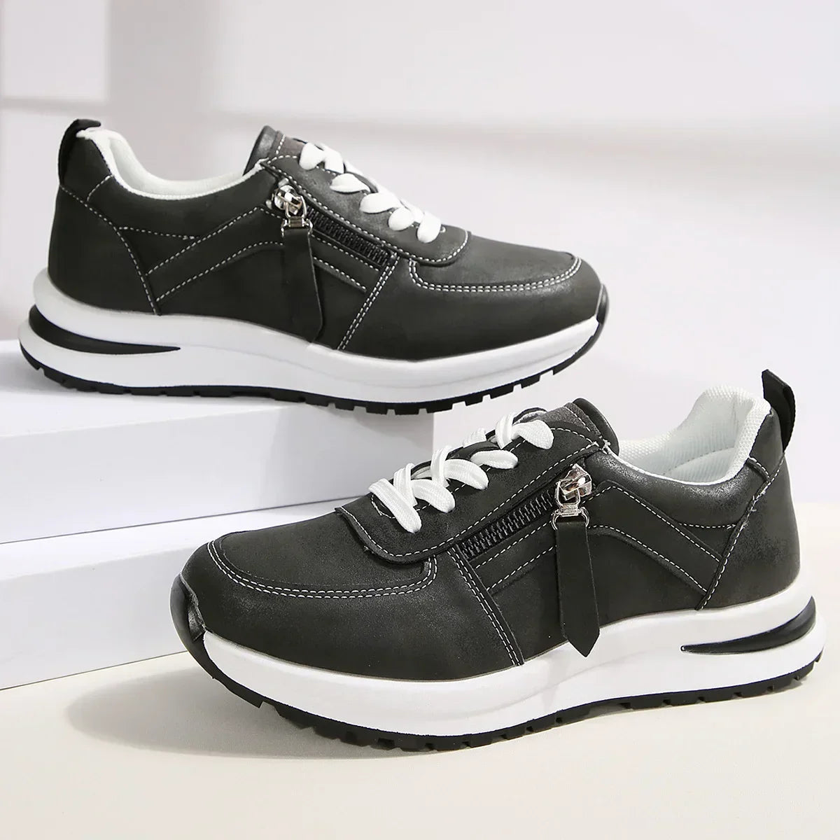 Damen Sneakers mit Plateau, Schnürung, seitlichem Reißverschluss und orthopädischer Sohle