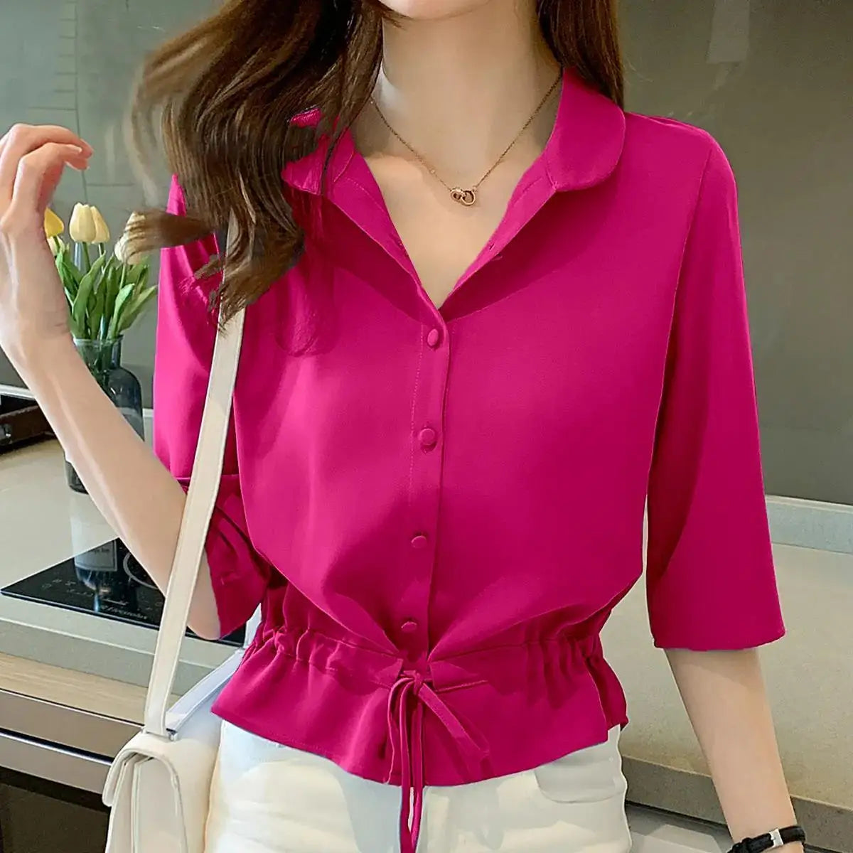 Women's Shirt Shiny Surface Button Placket Adjustable Tie Belt