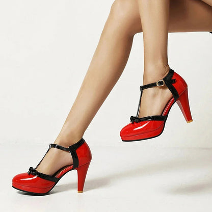 Damen Pumps T-Riemen Knöchel Schnalle Blockabsatz