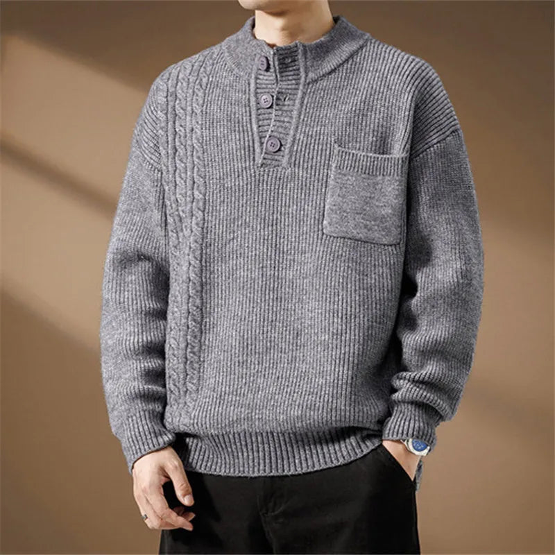 Men's knitted sweater with Henley collar, cable pattern, and chest pocket
