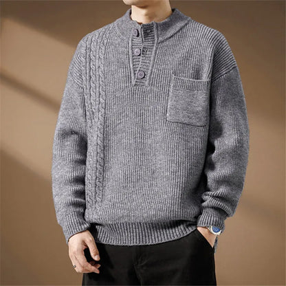 Men's knitted sweater with Henley collar, cable pattern, and chest pocket
