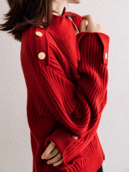 Women's Oversized Ribbed Sweater with High Collar and Button Detail