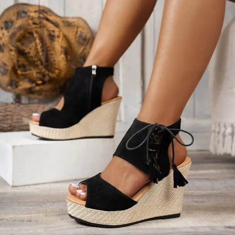 Damen Sommer-Wedges mit geflochtener Jute und Schnürung am Knöchel – Offene Zehen