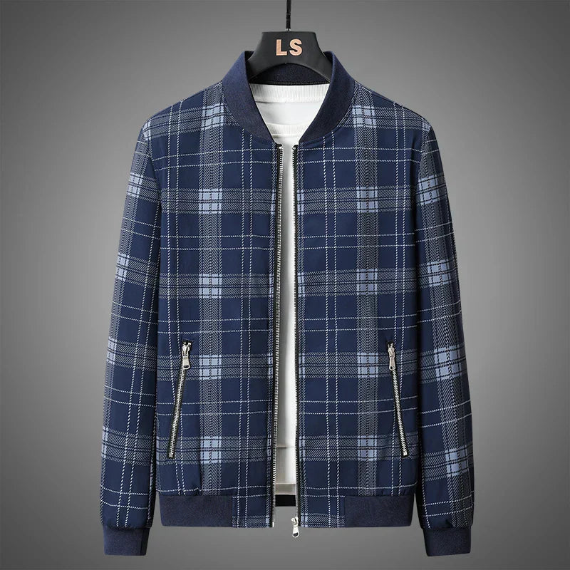 Men's flight jacket for autumn with checkered pattern, zipper, and ribbed cuffs