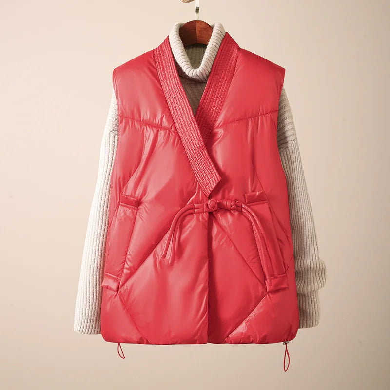 Women's Autumn Quilted Vest with Waist Belt and Side Pockets