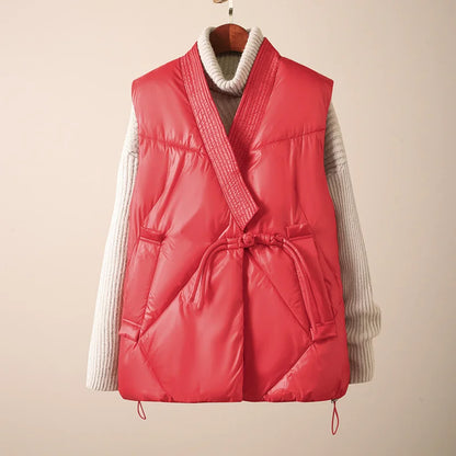 Women's Autumn Quilted Vest with Waist Belt and Side Pockets