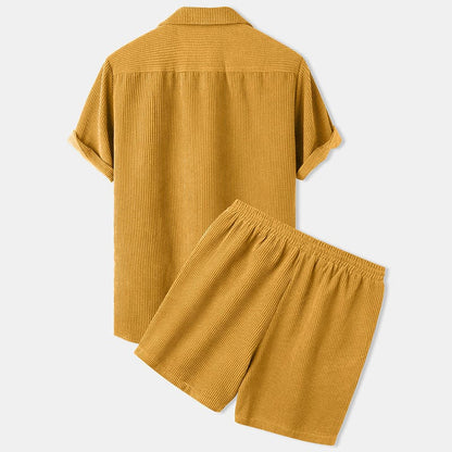 Men's Summer Shorts Set: Short-Sleeve Shirt and Shorts in Cord Style