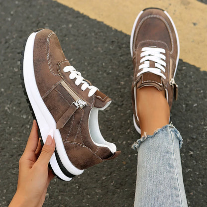 Damen Sneakers mit Plateau, Schnürung, seitlichem Reißverschluss und orthopädischer Sohle