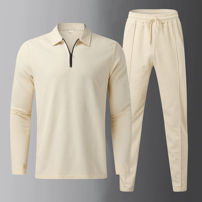 Men's Casual Set: Long-Sleeve Polo Shirt and Jogging Pants with Drawstring Waist