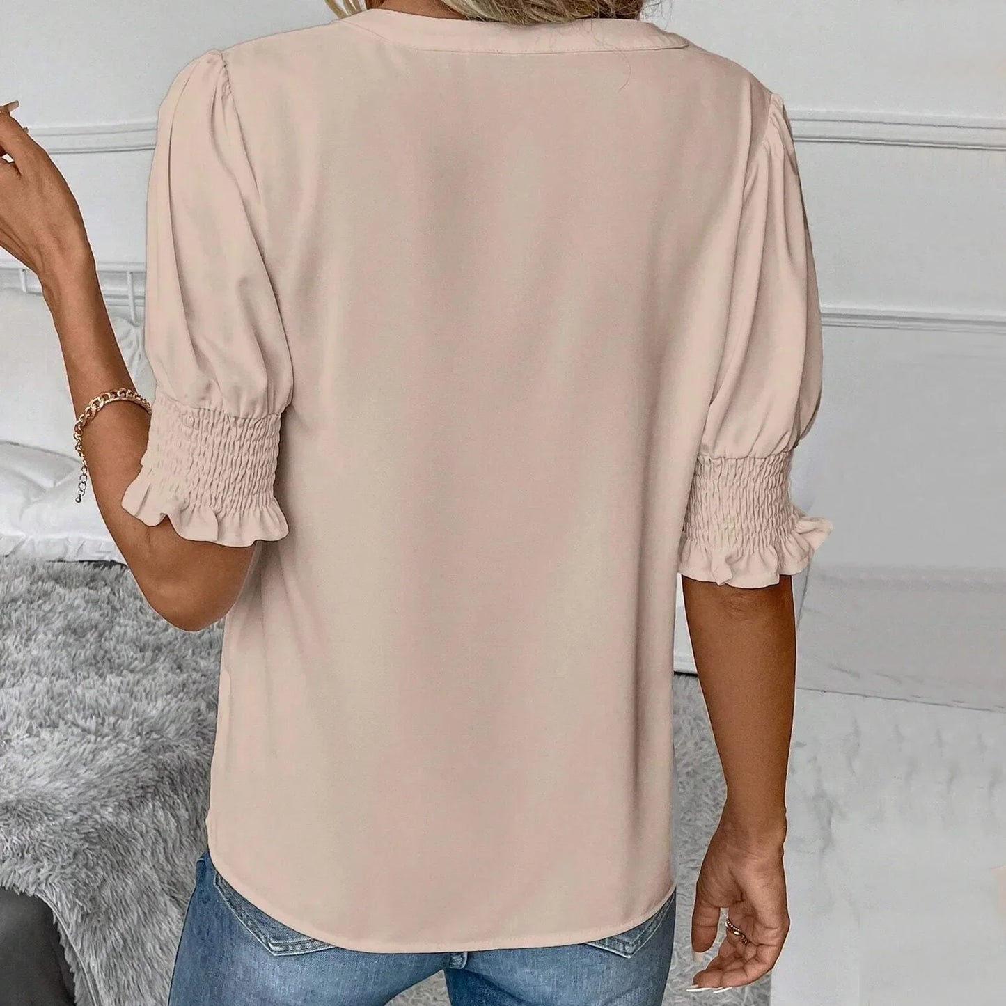 Damen Chiffonbluse mit V-Ausschnitt und Puffärmeln