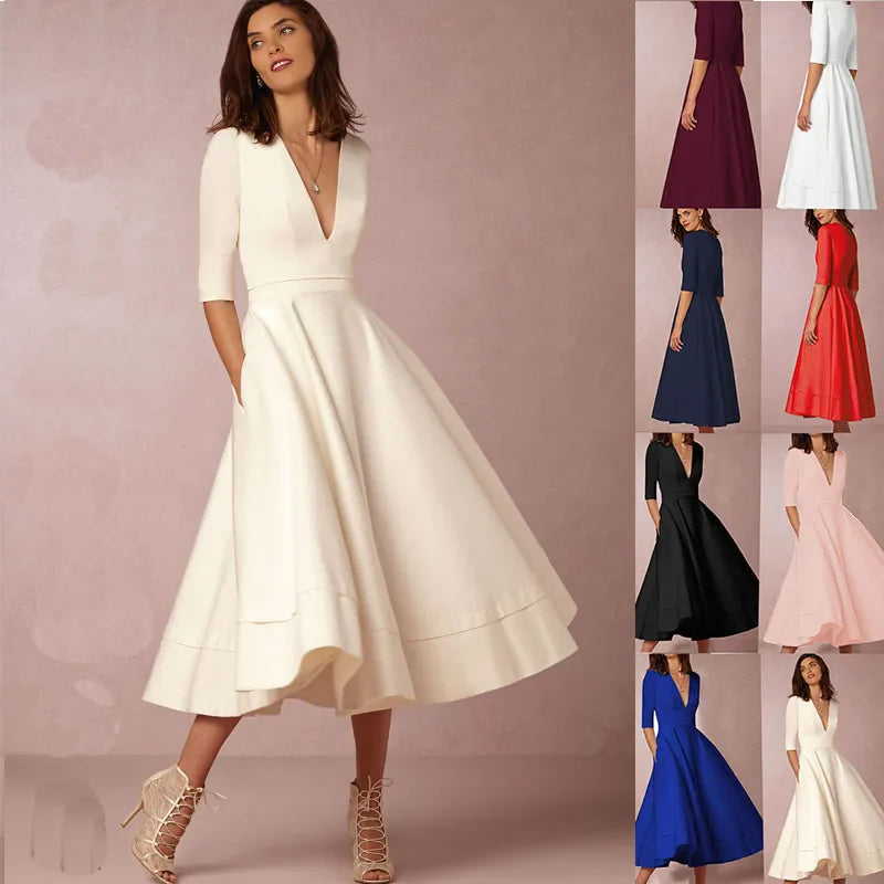 Frau in elegantem, weißem Midikleid mit V-Ausschnitt und halblangen Ärmeln. Verschiedene Farboptionen des Kleides sind rechts abgebildet.