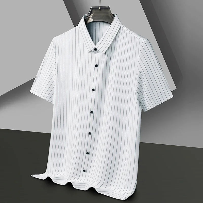 Men's polo shirt with vertical pinstripe pattern and button placket