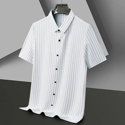 Men's polo shirt with vertical pinstripe pattern and button placket
