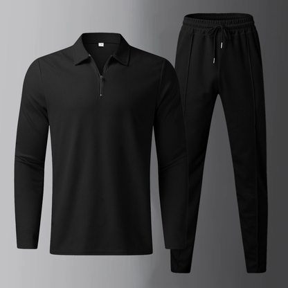 Men's Casual Set: Long-Sleeve Polo Shirt and Jogging Pants with Drawstring Waist