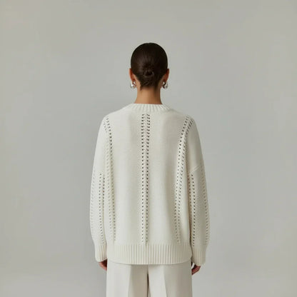 Women's Oversized Knit Sweater with Openwork Pattern, Crew Neck, Long Sleeves