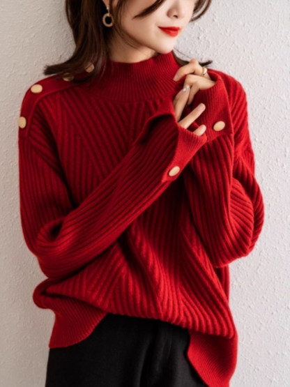 Women's Oversized Ribbed Sweater with High Collar and Button Detail