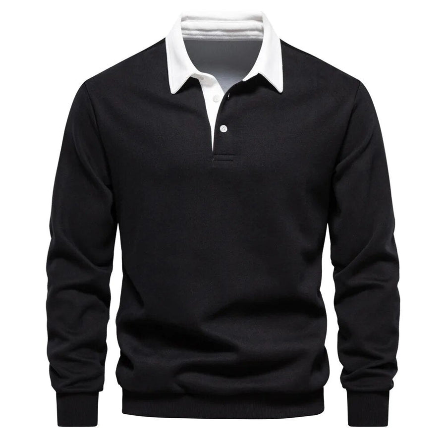 Schwarzer Langarm-Pullover mit weißem Polokragen, klassisches Design, Herrenmode, eleganter Freizeitstil, ideal für Herbst und Winter.