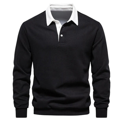 Schwarzer Langarm-Pullover mit weißem Polokragen, klassisches Design, Herrenmode, eleganter Freizeitstil, ideal für Herbst und Winter.