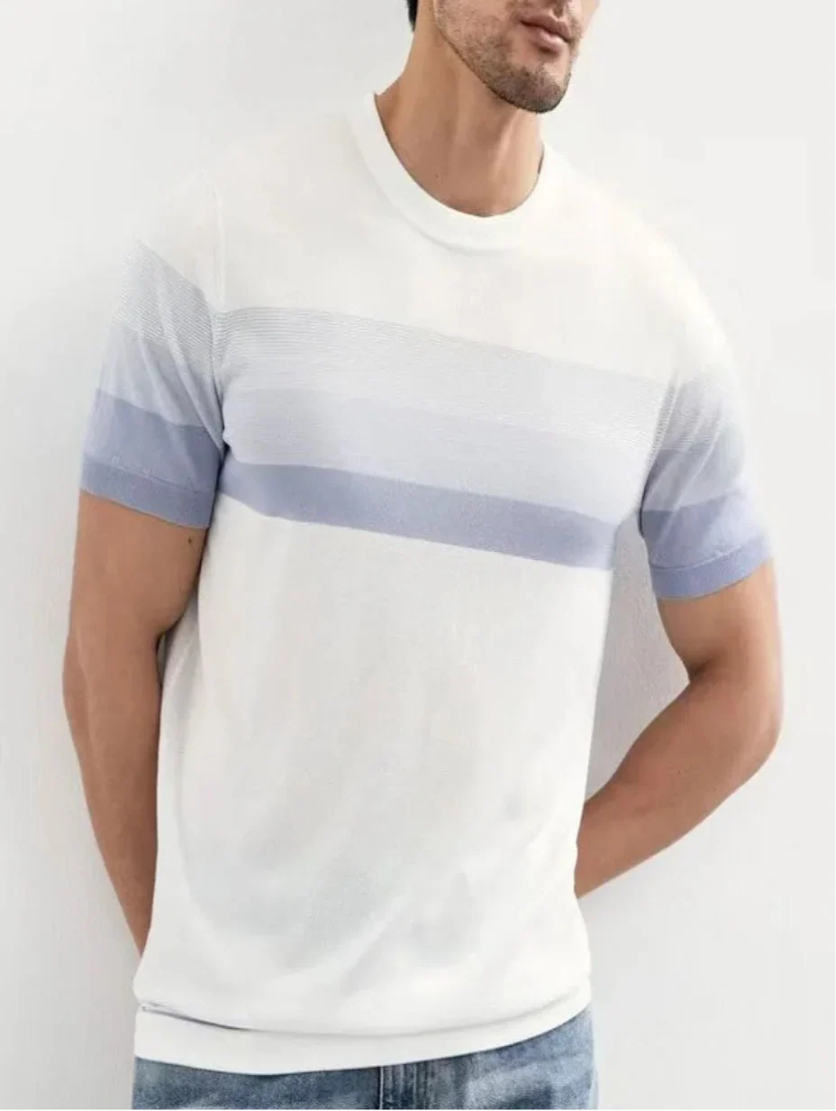 Herren T-Shirt Kurzarm Gestreift – Strick Regular Fit