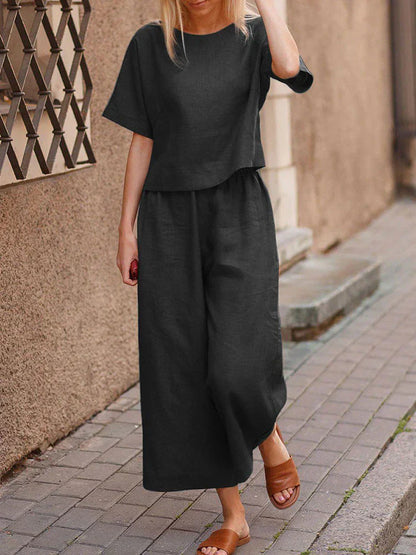 Women's summer two-piece set with round-neck shirt and loose trousers
