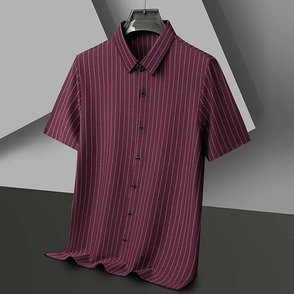 Men's polo shirt with vertical pinstripe pattern and button placket