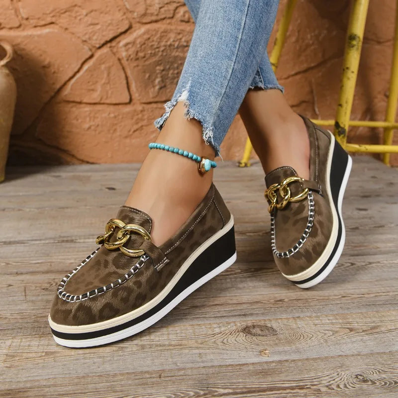 Women's Loafers Wedge Heel Orthopedic Padded Tone-on-Tone Leopard with Gold Details