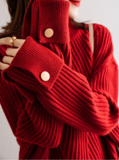 Women's Oversized Ribbed Sweater with High Collar and Button Detail