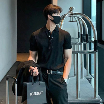 Men's summer knit polo shirt with stripe pattern and turn-down collar