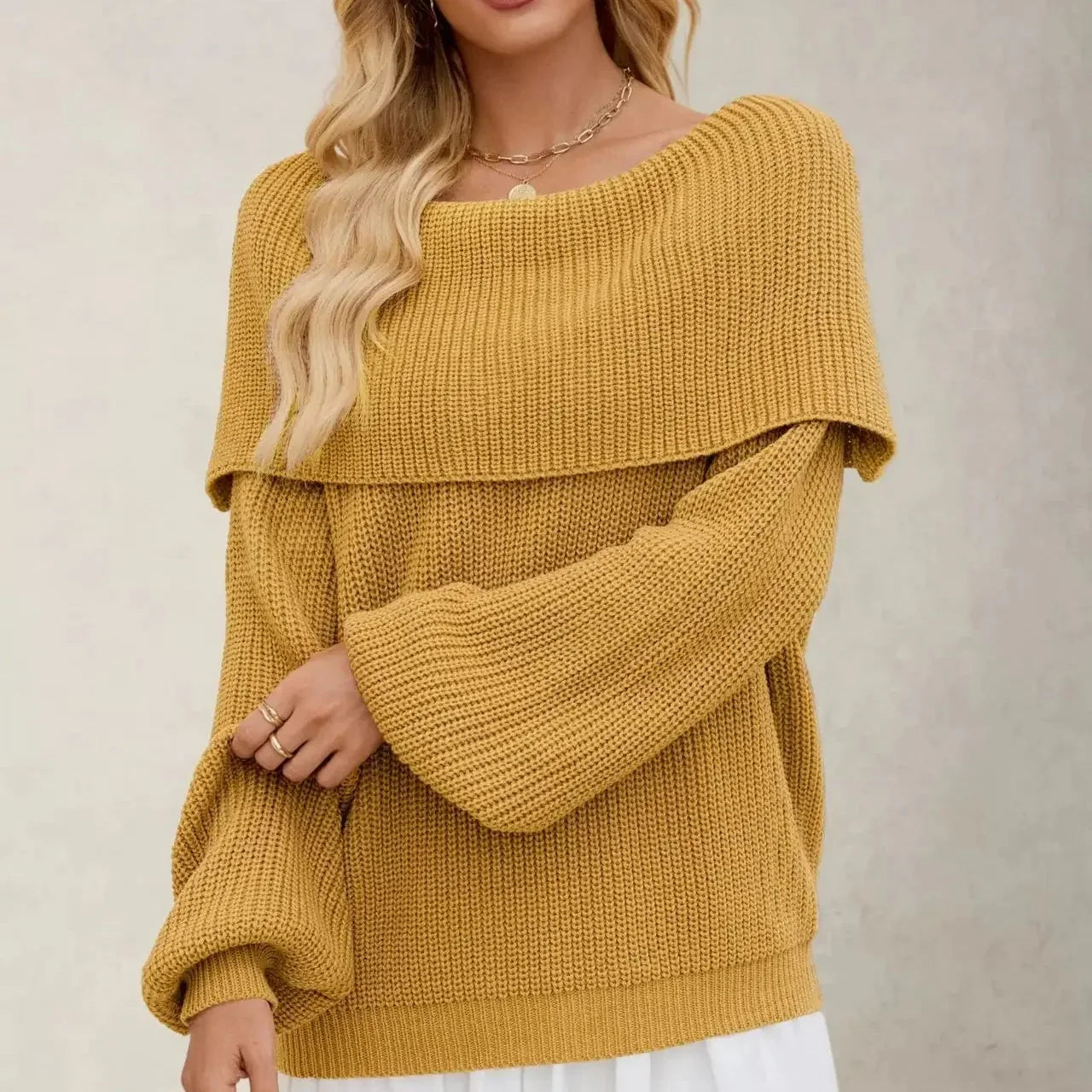 Women's Knit Sweater with Overlapping Collar and Wide Sleeves
