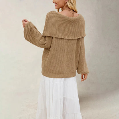 Women's Knit Sweater with Overlapping Collar and Wide Sleeves