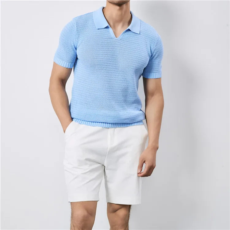 Men's Summer Knitted Polo Shirt with V-Neck, Elastic Waistband, and Breathable Fabric