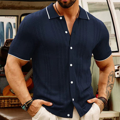 Herren Sommer Jacquard Strickhemd mit Knopfleiste – Klassischer Schnitt