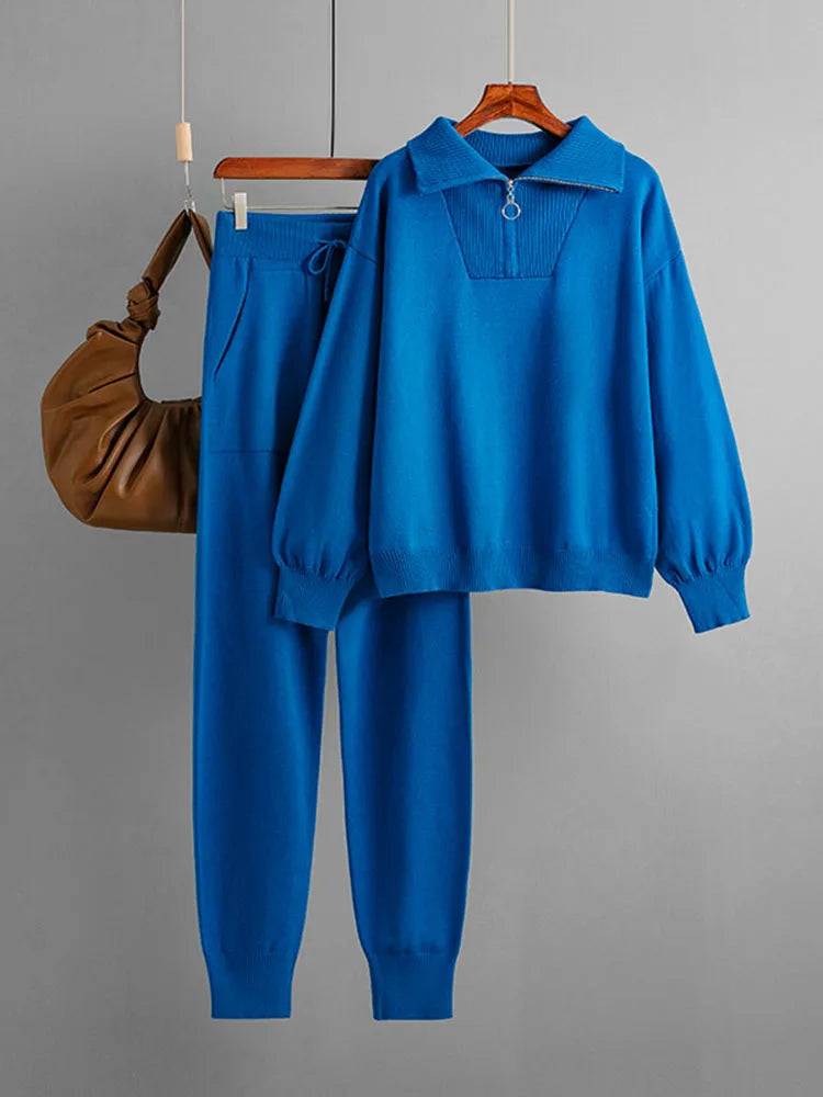 Women's Knit Loungewear Set with Zip Sweater and Tailored Jogging Pants