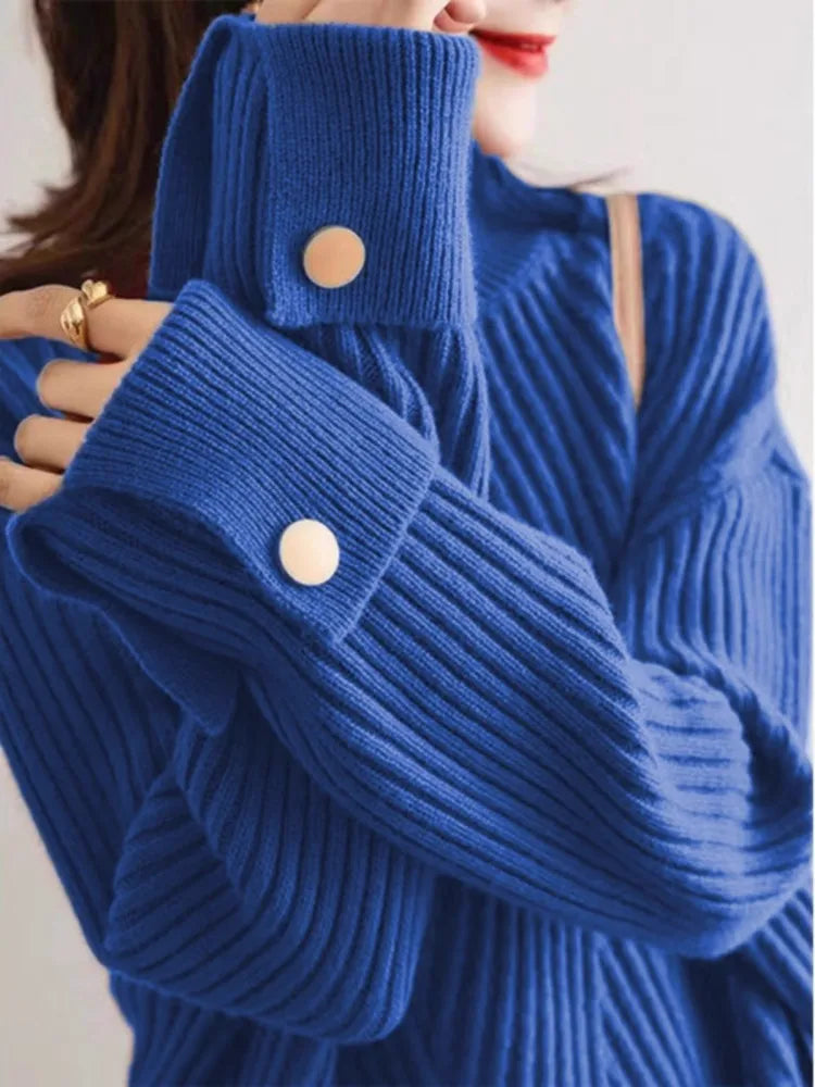 Women's Oversized Ribbed Sweater with High Collar and Button Detail