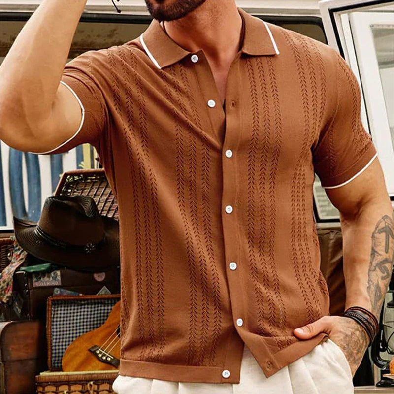 Herren Sommer Jacquard Strickhemd mit Knopfleiste – Klassischer Schnitt
